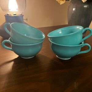 Set of 4 Mid Century Modern Vintage Hazel-Atlas Platonite Teal Green Teacups.